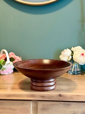 12” Mango Wood Footed Bowl Rustic Farmhouse Fruit Display Pedestal Bowl